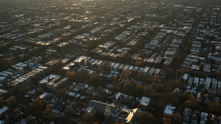 Aerial houses in a suburb on the north side of Chicago Illinois at the end of a beautiful sunny day