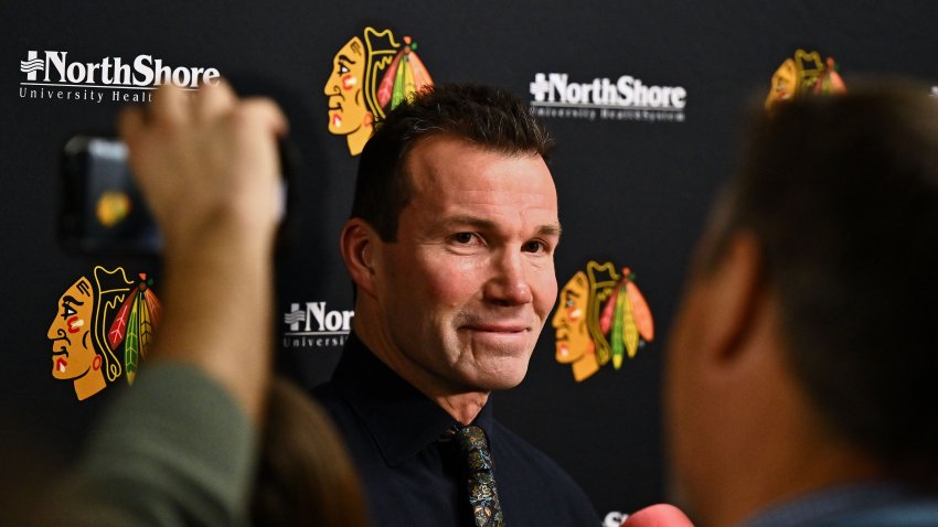 Jan 19, 2024; Chicago, Illinois, USA; Chicago Blackhawks head coach Luke Richardson meets with the media before a game against the New York Islanders at United Center. Mandatory Credit: Jamie Sabau-USA TODAY Sports