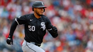 PHILADELPHIA, PENNSYLVANIA – APRIL 21: Lenyn Sosa #50 of the Chicago White Sox in action against the Philadelphia Phillies during a game at Citizens Bank Park on April 21, 2024 in Philadelphia, Pennsylvania. (Photo by Rich Schultz/Getty Images)