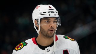 Jan 24, 2024; Seattle, Washington, USA; Chicago Blackhawks defenseman Seth Jones (4) is pictured before a game against the Seattle Kraken at Climate Pledge Arena. Mandatory Credit: Stephen Brashear-USA TODAY Sports