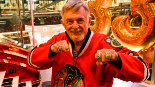 Frank Pellico, the Chicago Blackhawks’ organist, is seen in his booth before the first period of an NHL hockey game against the Toronto Maple Leafs, Sunday, Feb. 23, 2025, in Chicago. He is retiring after the game. (AP Photo/Matt Marton)