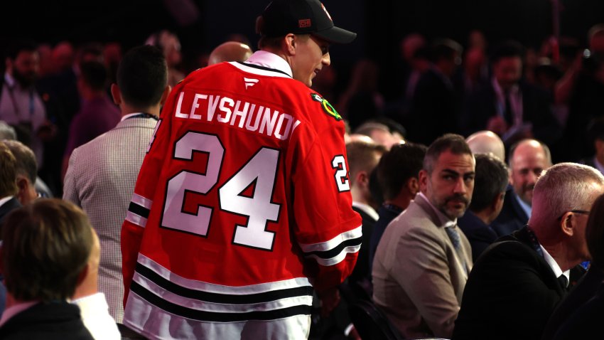 LAS VEGAS, NEVADA – JUNE 28: Artyom Levshunov walks to the team draft table after being selected second overall by the Chicago Blackhawks during the first round of the 2024 Upper Deck NHL Draft at Sphere on June 28, 2024 in Las Vegas, Nevada. (Photo by Dave Sandford/NHLI via Getty Images)