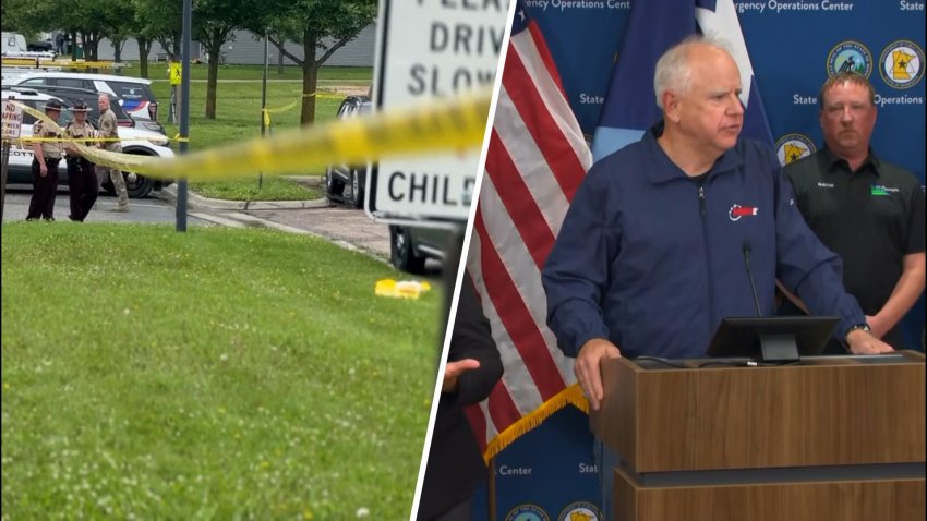 Police tape and Tim Walz