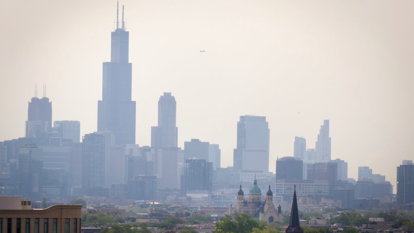 CHICAGO, ILLINOIS – JUNE 03: An aerial view shows smoke from Canadian wildfires dimming the downtown skyline on June 03, 2025 in Chicago, Illinois. The smoke is causing air quality alerts in parts of Minnesota, Iowa and Wisconsin and is visible in Illinois, Michigan, Ohio, Pennsylvania and West Virginia.  (Photo by Scott Olson/Getty Images)
